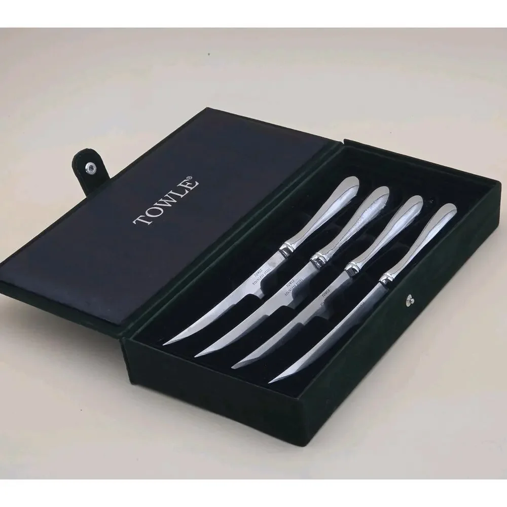 Towle Silversmiths Set Of 4 Stainless Steel Steak Knives Green Felt Box *CRAZING